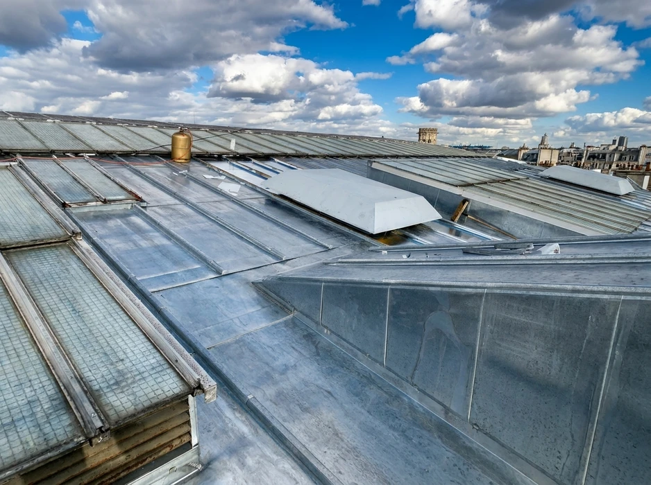 Toiture zinc à joints debout vue en plongée, avec verrière à petits carreaux et lanterneau métallique blanc