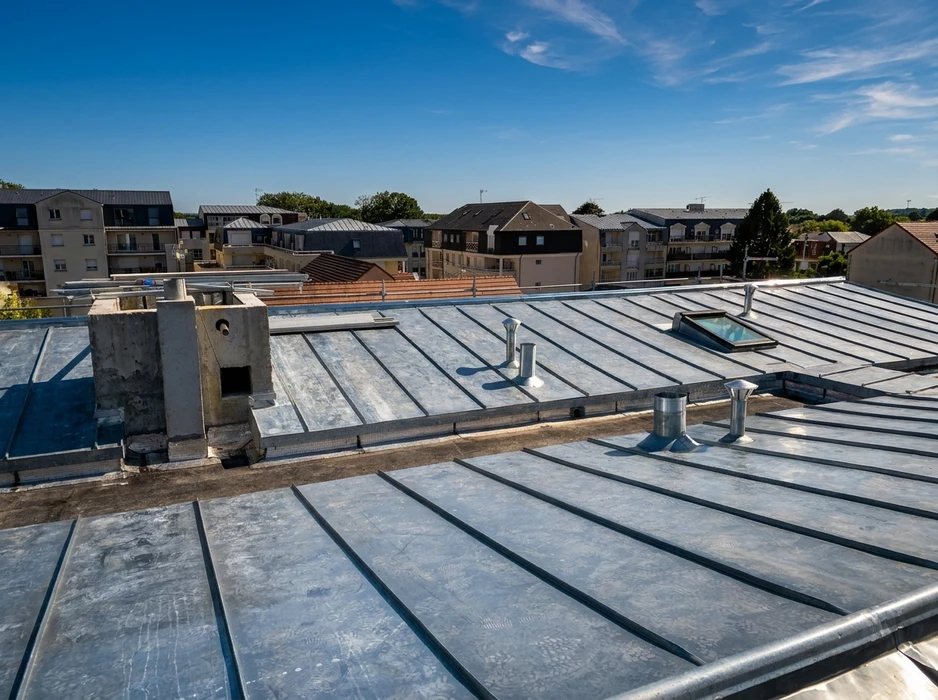 Toiture métallique en zinc à joint debout vue en plongée, avec plusieurs sorties de ventilation cylindriques en acier inoxydable