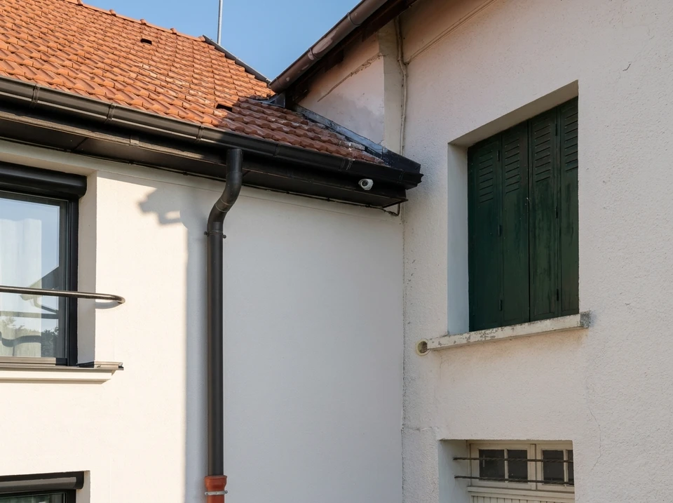 Plafond endommagé avec ouverture béante révélant canalisations apparentes et dégâts des eaux