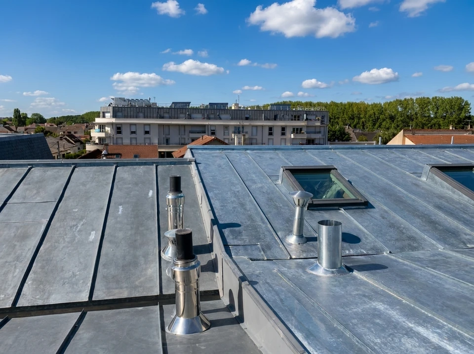 Chantier de couverture en cours montrant la pose de tuiles métalliques grises sur charpente bois