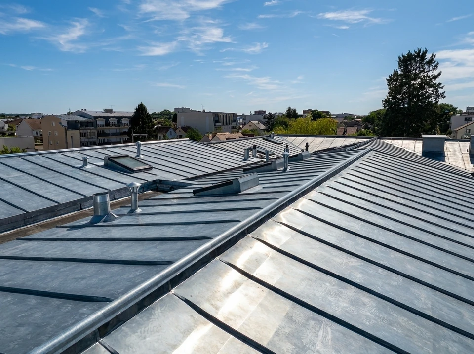Vue plongeante sur une gouttière en zinc avec débordement, fixée en about de chevrons sur un mur en briques anciennes