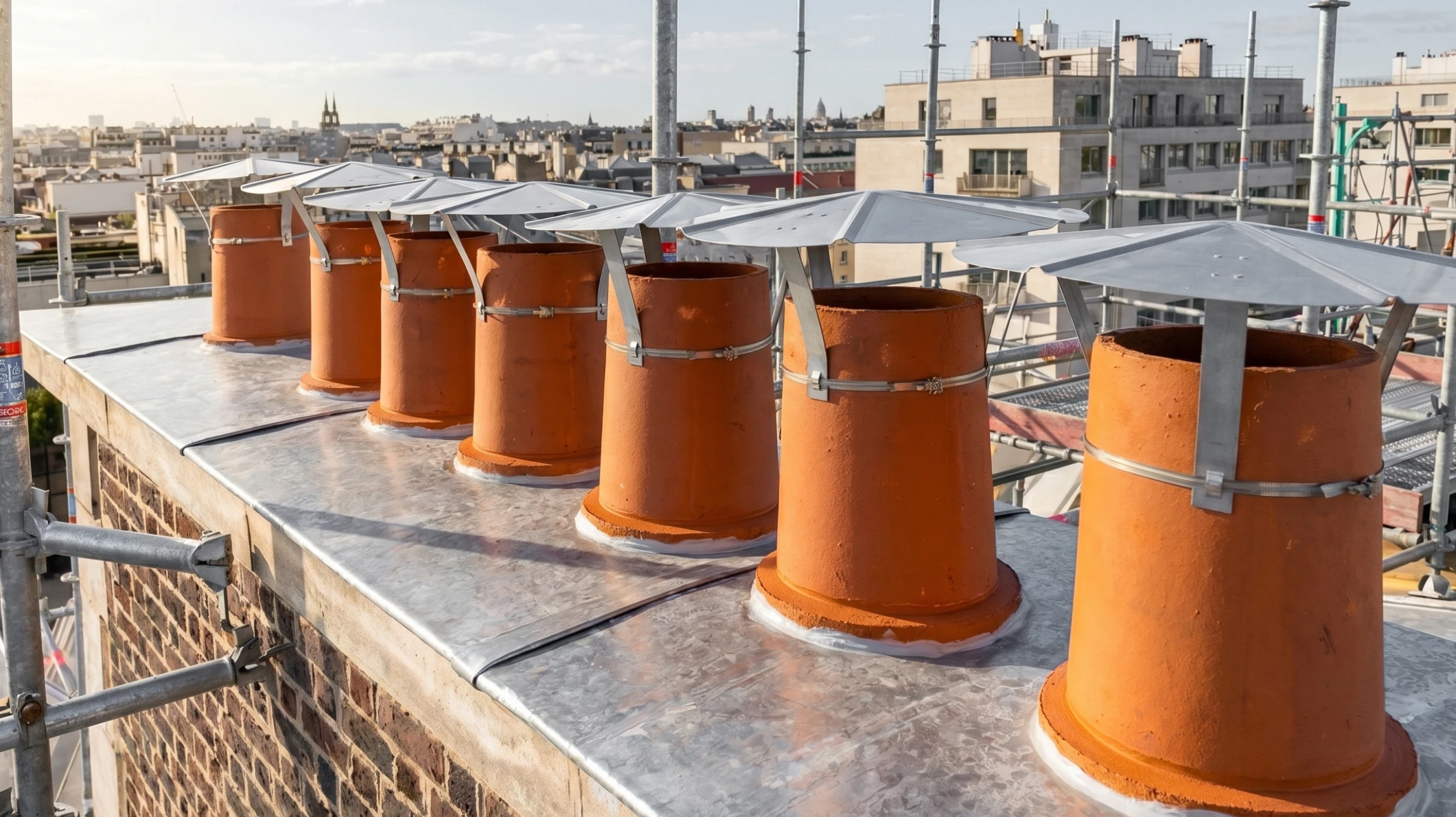 Chantier extérieur de couverture avec ouvrier posant des tuiles terre cuite orange sur charpente bois