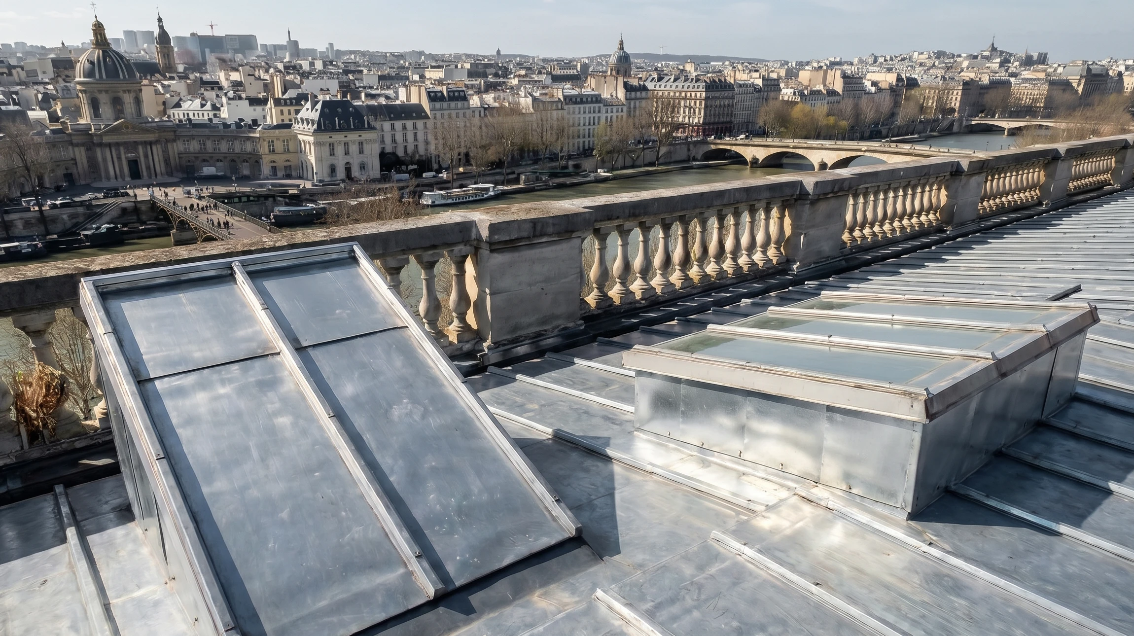 Deux ouvriers en équipement de sécurité (casques jaunes, gilets haute visibilité) installent une toiture en tôle ondulée bleue sur échafaudage