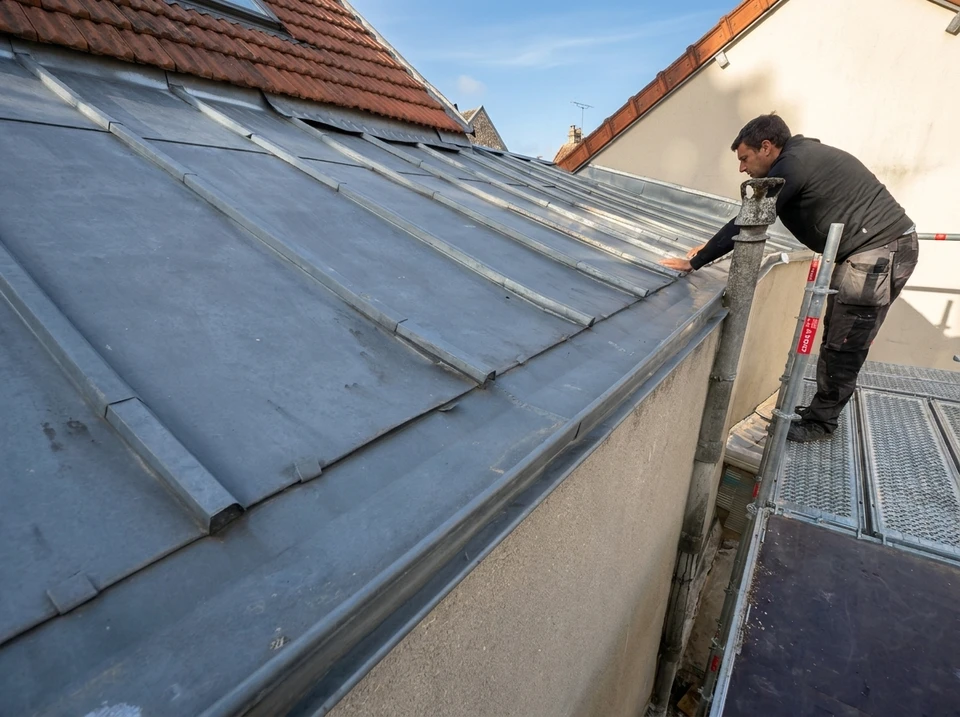 Deux ouvriers en combinaisons bleues et casques orange effectuent des travaux d'étanchéité sur une toiture-terrasse en extérieur